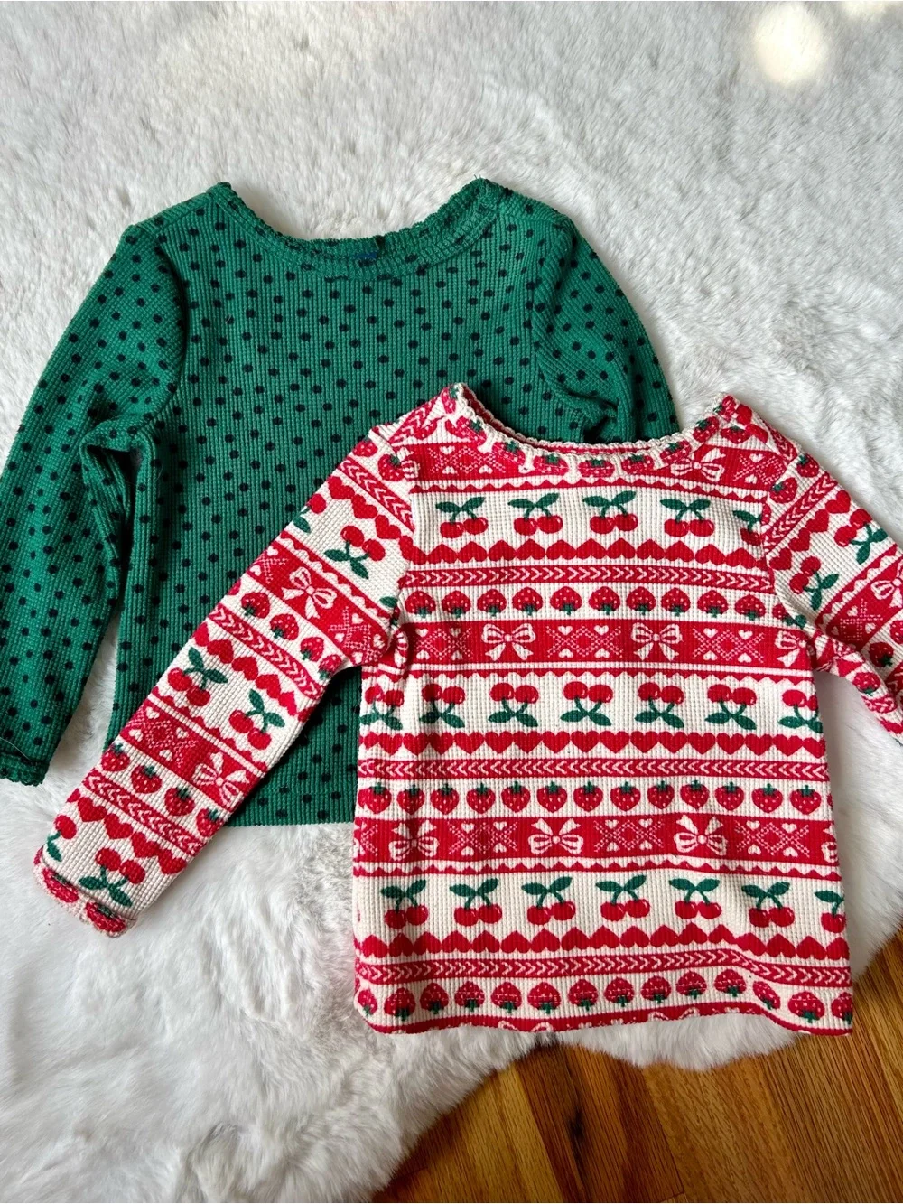 Old Navy Polka Dot & Cherry Bow Print Waffle Knit Lattice Trim Tops 12-18 MOS